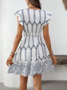 Breezaya Women's New Short Layered Sleeveless Ruffle Hem Mini Dress - Blue and White - View 2