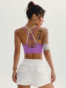 SHEIN Sovereign Charm Women's Everyday Fitness & Yoga Colorblock Sports Bra - Purple - View 2