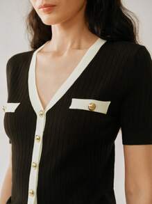 Gloray Knit Colorblock Elegant Buttoned Cardigan Top For Women, Spring/Summer - Black and White - View 4