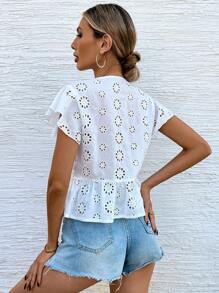 SHEIN VCAY Blusa informal con mangas cortas y nudo delantero en unicolor con bordado para mujeres