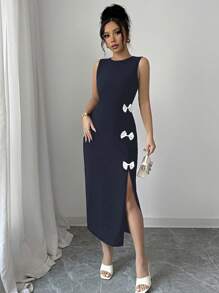 Elenzga 女式春夏时尚优雅性感连衣裙长款无袖圆领修身前开叉钉 3 个黑色蝴蝶结黑色针织面料弹力 - 藏蓝色 - 查看 5