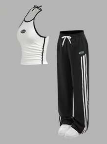 SHEIN 2 Stücke/Set für Teenager Mädchen Lässiger Sport Buchstaben & Symbol Muster weiß ärmellos Strick-Trägertop und weite Hose mit Kordel Dekor, vielseitige Sommer Mode