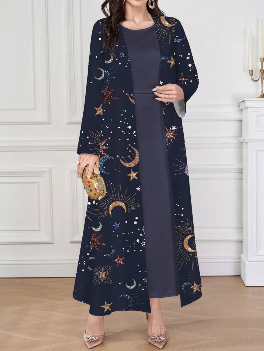 SHEIN Najma Elegant Sun Moon Star Print Long Arabian Abaya Robe | SHEIN UK