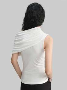 Ontre Women Solid Color Knit Asymmetric Neck Ruffle Hem Blouse - White - View 6