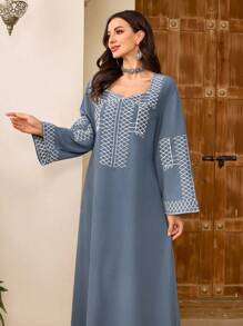 Al Najma Women's Geometric Embroidered Long Sleeve Sweetheart Neck Elegant Arabic Style Dress, Kaftan & Jalabiya - Dusty Blue - View 3