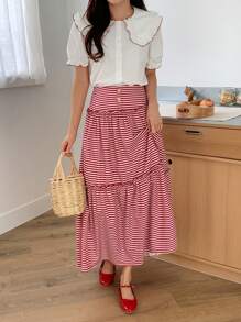 DAZY 女士 2 件荷叶边领短袖衬衫和粉色条纹长裙套装 - 紅色 - 查看 5