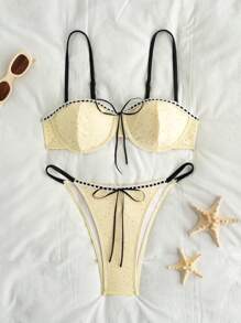 Swim Mod Women's Beach Holiday Contrast Trim Swimwear Bikini Set, Summer Vacation - Yellow - View 1