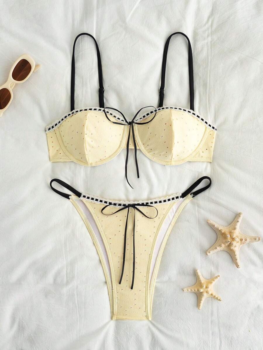 Swim Mod Women's Beach Holiday Contrast Trim Swimwear Bikini Set, Summer Vacation - Yellow - View 1