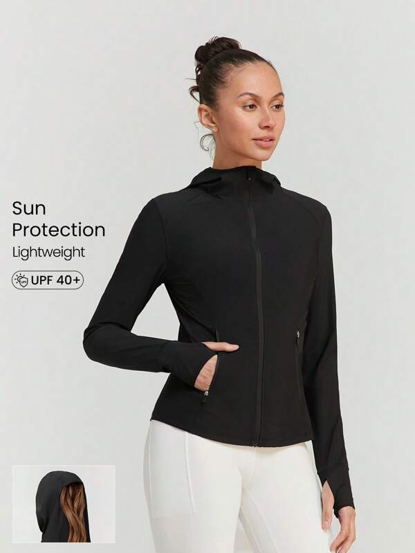 GLOWMODE Hit The Trails Sun Protection Cooling Knit Hooded Slim Fit Mesh Panels Hiking Outdoor Jacket With Back Ponytail Cutout Spring Summer