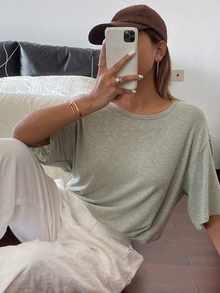Solid Color Loose Short Sleeve Round Neck Casual Summer Women T-Shirt