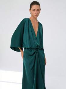 Aveloria Modichic Dark Green Elegant And Comfortable Satin Texture Loose Deep V-Neck Pleated Waist Mid-Length Sleeve Midi Ladies Long Dress