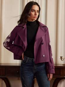 Anewsta Abrigo estilo gabardina de mujer con pantalones cortos bordados, diseño "Old Money" para primavera/otoño - Rojo violeta - Ver 9