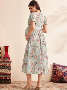 SHEIN Maternity Dress With Puff Sleeves, Tie-Front & Floral Print