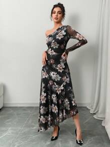 Modelyn Women's Elegant Floral All-Over Print Asymmetric Neck Long Sleeve Dress - Multicolor - View 3