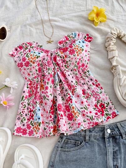 Soleia 女士浪漫碎花露脐抹胸上衣，饰有荷叶边、前系蝴蝶结和蝴蝶结点缀，A字型荷叶边下摆，适合度假、情人节、婚礼等场合，也是女士度假、情人节、生日和夏季的理想之选。