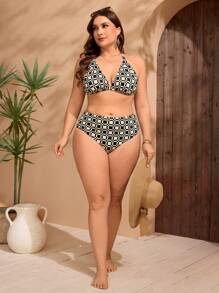 Swim Chiccia Plus Size 2pcs Women Plaid Print Fashion Halter Top & High Waist Sexy Bikini Swimwear Set, For Summer Beach Vacation - Multicolor - View 3