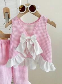 SHEIN LMoss Kids Baby Girl Summer Cute Pink Plaid Color Matching Ruffled Top Elastic Waist Trousers Suit - Pink - View 4