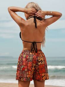 Swim Vcay Women's Casual Beach Vacation Tropical Rainforest Plant Print Elastic Waist Shorts, Spring Break Festival Boho Style, Summer - Multicolor - View 2