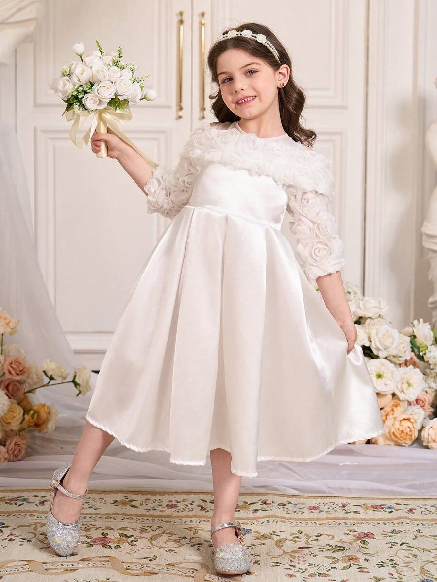 SHEIN Abito semplice e casual da tutti i giorni con stampa floreale 3D a tinta unita per ragazze giovani