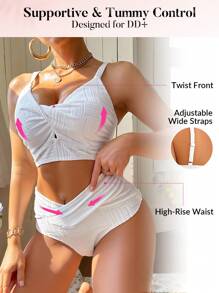 Voyashape Solid Color Textured Adjustable Strap High Waist Bikini Set, Summer Beach Vacation - White - View 3