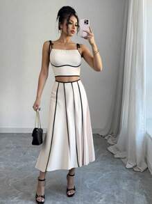 Calvaya Women's Elegant Color Block Camisole Top And A-Line Skirt