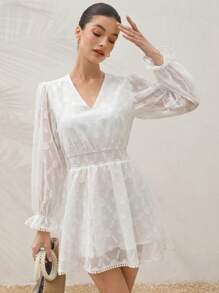 EMERY ROSE White Shirred Burning Flower Tassel Lace Design Long Sleeves Ladies Short Dress,White Polka Dot,Autumn,Boho,Vacation,Holiday Old Money Style - White - View 4