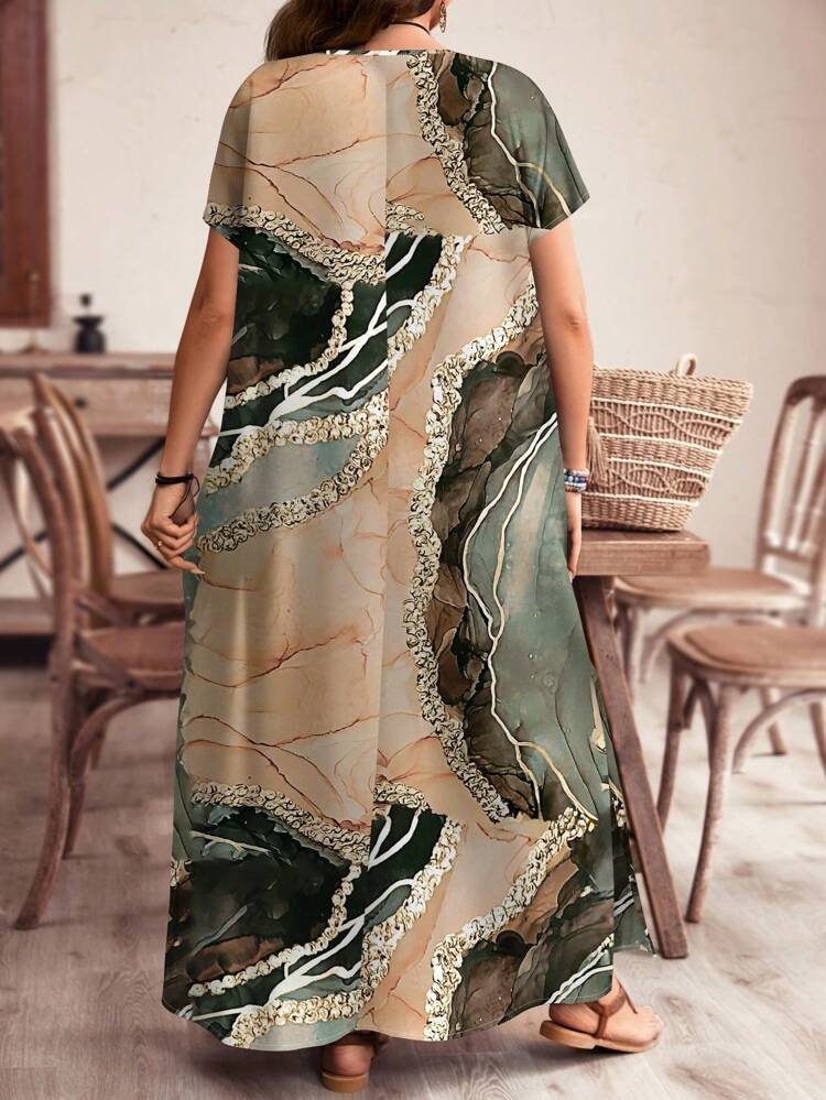 Plus Size V-Neck Raglan Sleeves And Hem Slit Vacation Dress Suitable For Summer,Country Clothes Women,Summer Outfits For Women,Western Wear Women Women Dresses Elegant Gown Women Elegant Dresses Chic Dress,Spring