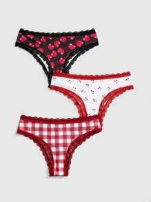ROMWE Kawaii Plus Size Pastoral Style Sweet Girl Cherry Plaid Lace Stitching Triangle Underwear 3-Piece Combination - Multicolor - View 1
