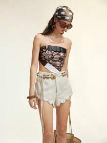 SHEIN LUNE 아메리칸 배디 디자인 러플 리벳 피티드 미니 쇼츠 - 살구색 - 보기 6