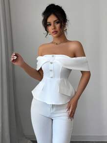 Elenzga Blusa con hombros descubiertos, volante en el bajo y corazón de pedrería para mujer - Blanco - Ver 7