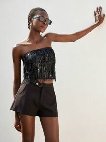 SHEIN Privé 女士音乐节时尚性感派对重度串珠亮片流苏短款上衣/抹胸，可搭配裙子 - 黑色 - 查看 3
