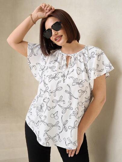 SHEIN Clasi Plus Size Simple Bow & Print Short Sleeve Shirt