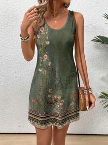 SHEIN LUNE Casual Retro Floral Print Round Neck Dress For Women, Suitable For Spring And Summer Suitable For Going Out Chic Dress - Green - View 4