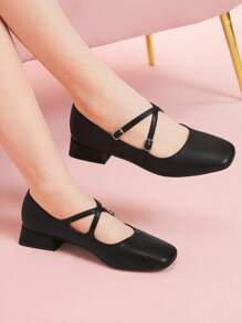 CUCCOO DOLLMOD Women's Commuter Elegant High-Quality Black PU Criss-Cross Strap Comfortable Square Toe Low Heel Mary Jane Flats, Fashion Blogger Work & Dating Outfit - Black - View 1