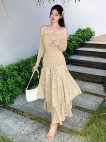 DAZY Bohemian Style Vacation Plant & Ditsy Floral Ruffled Off Shoulder Bodycon Dress For Women Summer Dress Boho - Beige - View 6