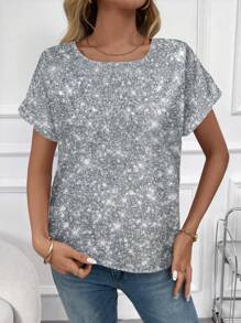 EMERY ROSE Women's Casual Simple Glitter Pattern Leopard Batwing Sleeve Shirt Summer - Silver - View 4