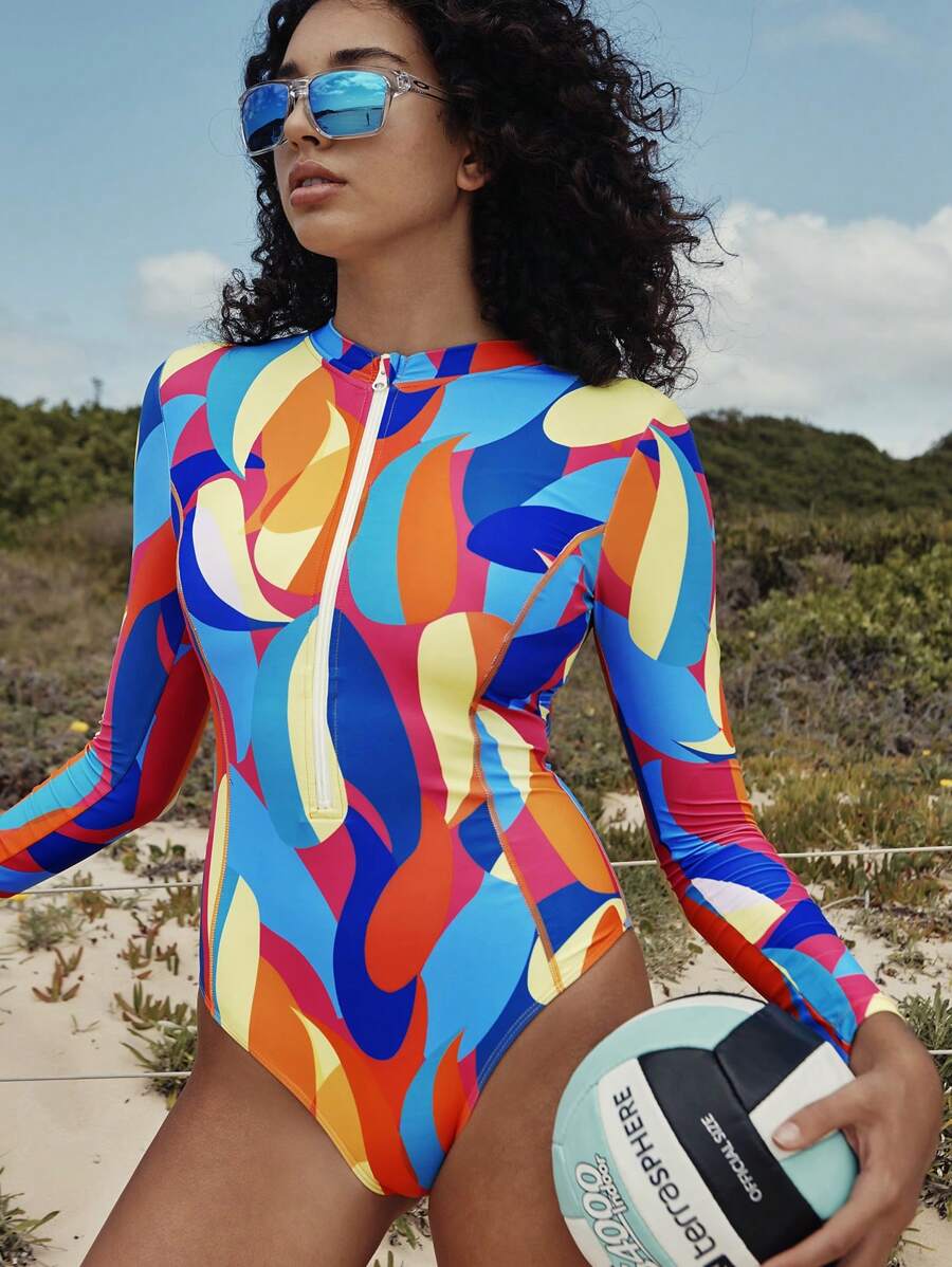Swim SPRTY Springbreak Ladies Tight Sexy Beach Surfing Wind Long Sleeve Small Round Neck Randomly Printed Front Zip Hollow Waist One-Piece Swimsuit