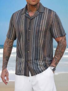Genlund Men's Vacation Casual Striped Translucent Fabric Texture Short Sleeve Shirt, Sandbeach   For Husband - Multicolor - View 1