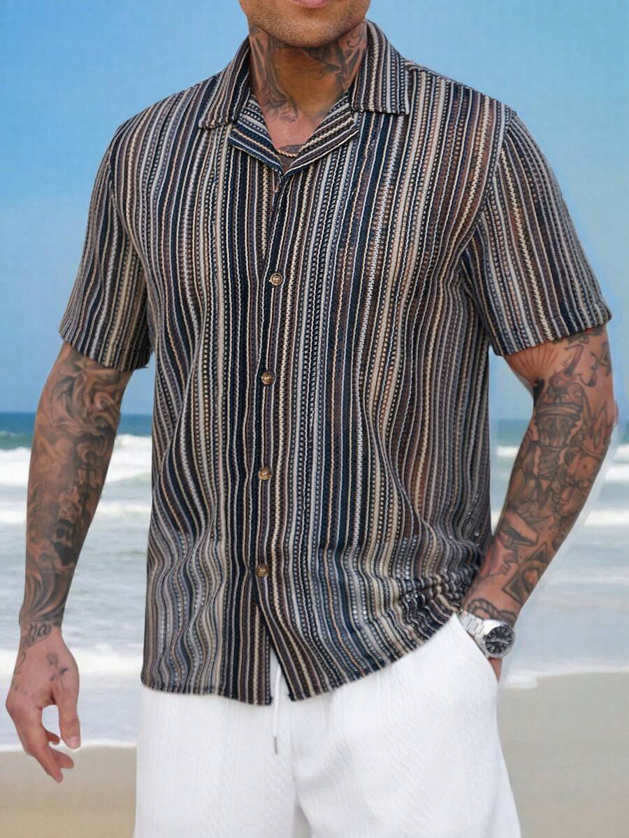 Genlund Men's Vacation Casual Striped Translucent Fabric Texture Short Sleeve Shirt, Sandbeach For Husband - Multicolor - View 1