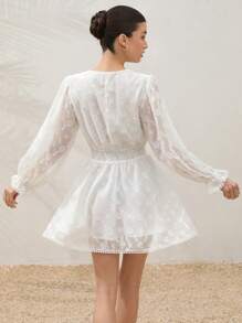 EMERY ROSE White Shirred Burning Flower Tassel Lace Design Long Sleeves Ladies Short Dress,White Polka Dot,Autumn,Boho,Vacation,Holiday Old Money Style - White - View 2