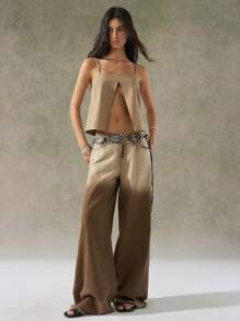 LYSMO 波西米亚风女装简约设计前开吊带背心 - 卡其色 - 查看 6