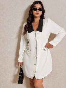 Elaquor Plus Contrast Collar Flap Detail Shirt Dress - White - View 7