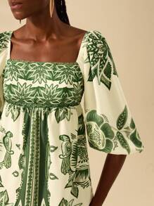 CAJUNI Women's Boho Tropical Green Plant Print, Lantern Sleeve Short Mini Dress, Casual Beach Summer Dress