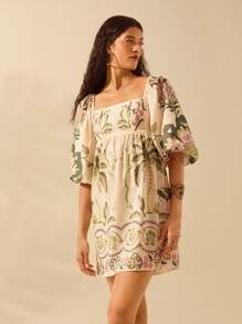 CAJUNI Vestido Curto Casual de Verão Praia Férias, Manga Lanterna, Estampa Tropical Azalea, Coqueiro, Monstera, Estilo Boho para Mulheres