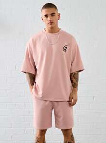 Manfinity VCAY 2pcs Unisex Street Graphic Print Loose Dropped Shoulder Short Sleeve T-Shirt And Straight Shorts Set, Suitable For Everyday Wear - Pink - View 3