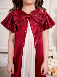 SHEIN 女童勃艮第色 Abaya Kaftan Jalabiya 束腰外衣，斋月斋月本土保守连衣裙，奢华优雅时尚，夸张荷叶边蝴蝶结珍珠缎拼接撞色前中白褶皱设计连衣裙 - 彩色 - 查看 3