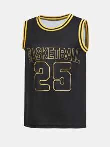 SHEIN Tween Boys' Basketball Graphic Print Vest & Shorts Set, Casual Comfortable Summer Outfit With Letter Print Vest Top And Shorts, Suitable For Outdoor & School Wear