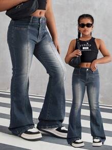 Tween Girl Retro Washed Denim Flared Jeans, Casual & Fashionable Design - Dark Wash - View 1