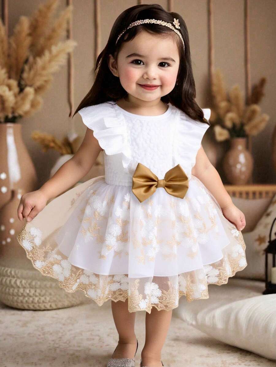 SHEIN Baby And Toddler Girls Cute And Sweet Little Cap Sleeve Round Neck Bow Embroidered Floral Mesh Dress, Fashionable, Suitable For Outdoor Activities, Indoor Events, Birthday Parties, Spring And Summer