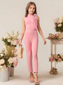 Girls High Waisted Sleeveless Simple Elegant Fashionable Half-High Collar Solid Color Jumpsuit With Detachable Bowknot Decor, Summer - Pink - View 3